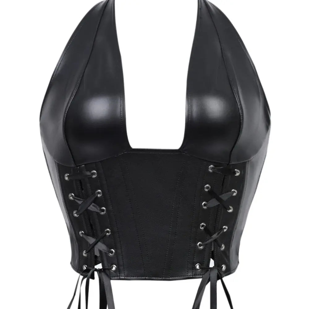 Punk girl collar style faux leather corset with multiple straps and fish bone elastic waistband for shaping the body. Tight top.