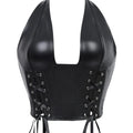 Punk girl collar style faux leather corset with multiple straps and fish bone elastic waistband for shaping the body. Tight top.