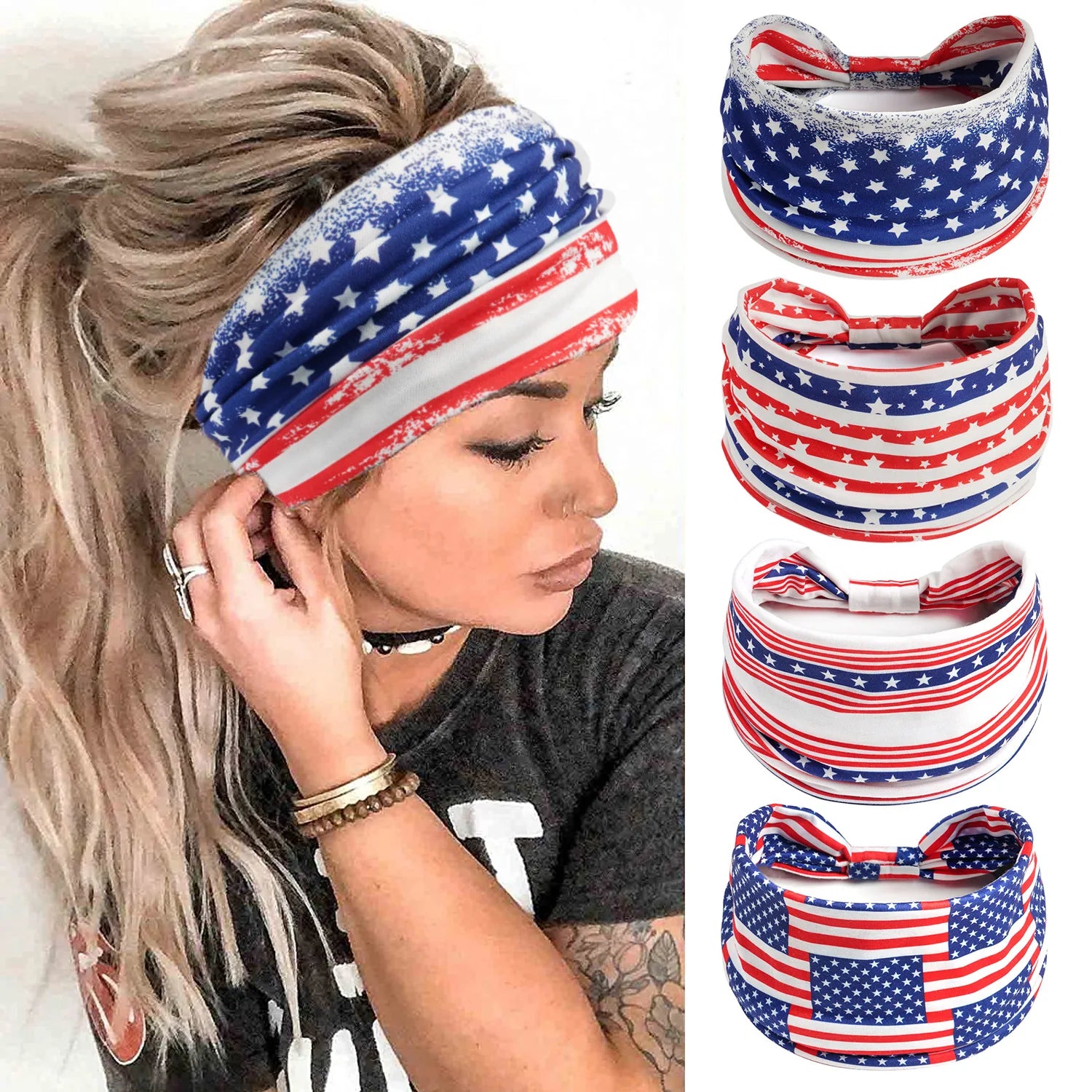 American Flag Headbands Women 4th of July Head Band Wide Turban Headwrap Red White and Blue Hairbands USA Patriotic Accessories