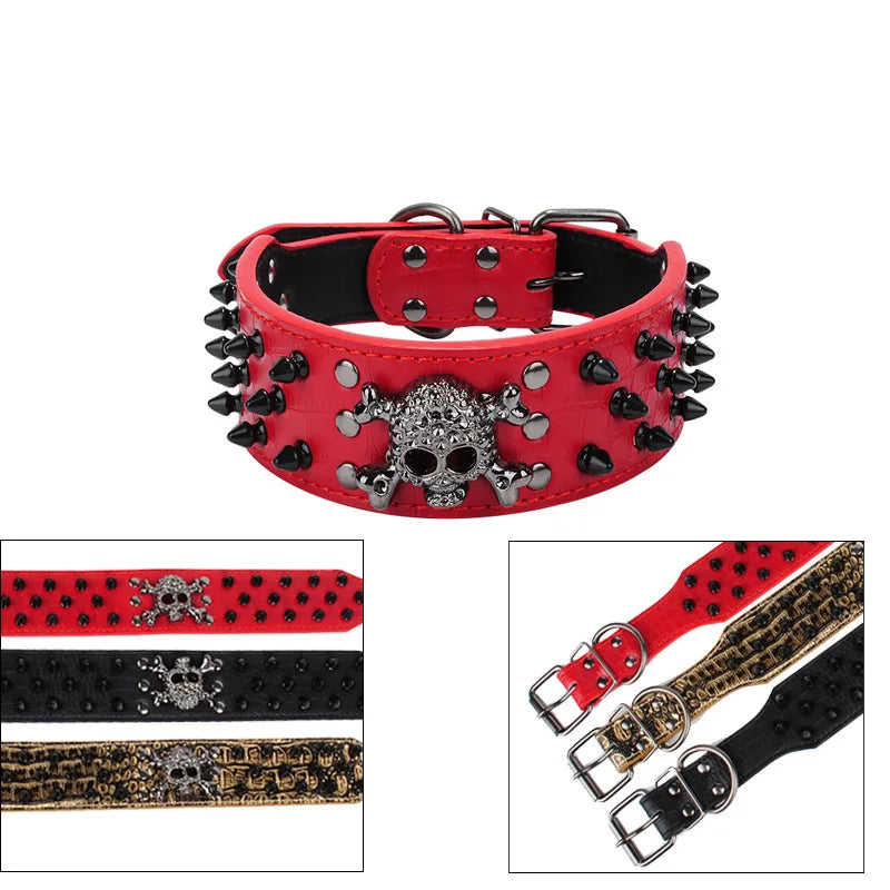 Halloween Gothic Black Skull Studded Dog Collar & PU Leash Set – Anti-Chew for Medium Large Breeds, French Bulldog