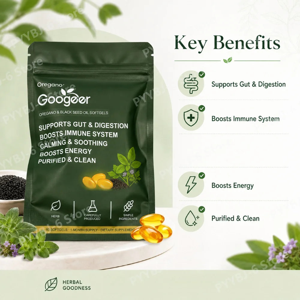 Oregano Black Seed Oil Softgels 60pcs Herbal Supplement for Gut Digestion Immune Energy Support Clean Wellness Formula