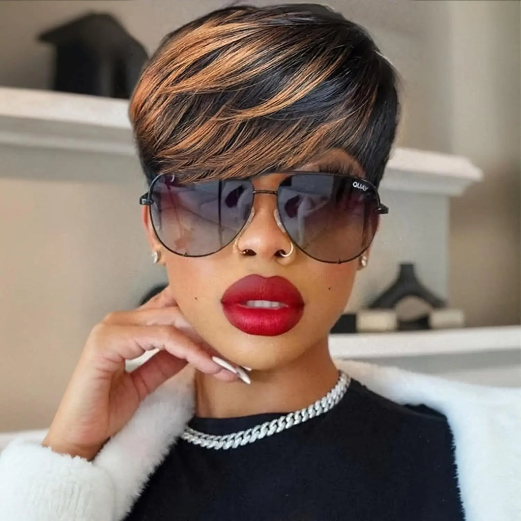 Short Curly Wigs Pixie Cut Wig Short Hair Black Wig With Bangs Natural Wavy Synthetic Wigs (Black Mixed Grey)