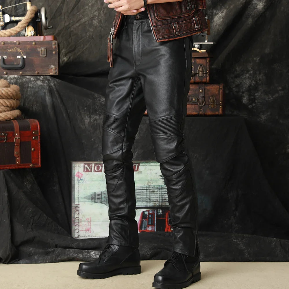 Motorcycle Biker Windproof Genuine Leather Pants Punk Style Skinny Slim Fit Leather Cowhide Pencil Pants Black Riding Trousers