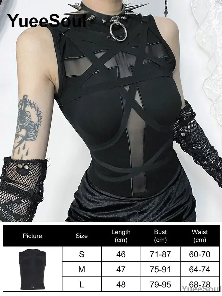 Gothic Crop Tops Black Lace Mesh Tanks Tops 2026 New Y2K Goth Punk Grunge Fairy Core Sexy Y2K Halloween 2000s Women Clothing
