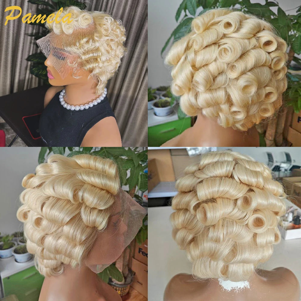 13x4 Short Bob Loose Wave Lace Front Wigs Pre Plucked Bleached Knots Pixie Cut Hd Transparent Lace Front Natutal Human Hair Wig