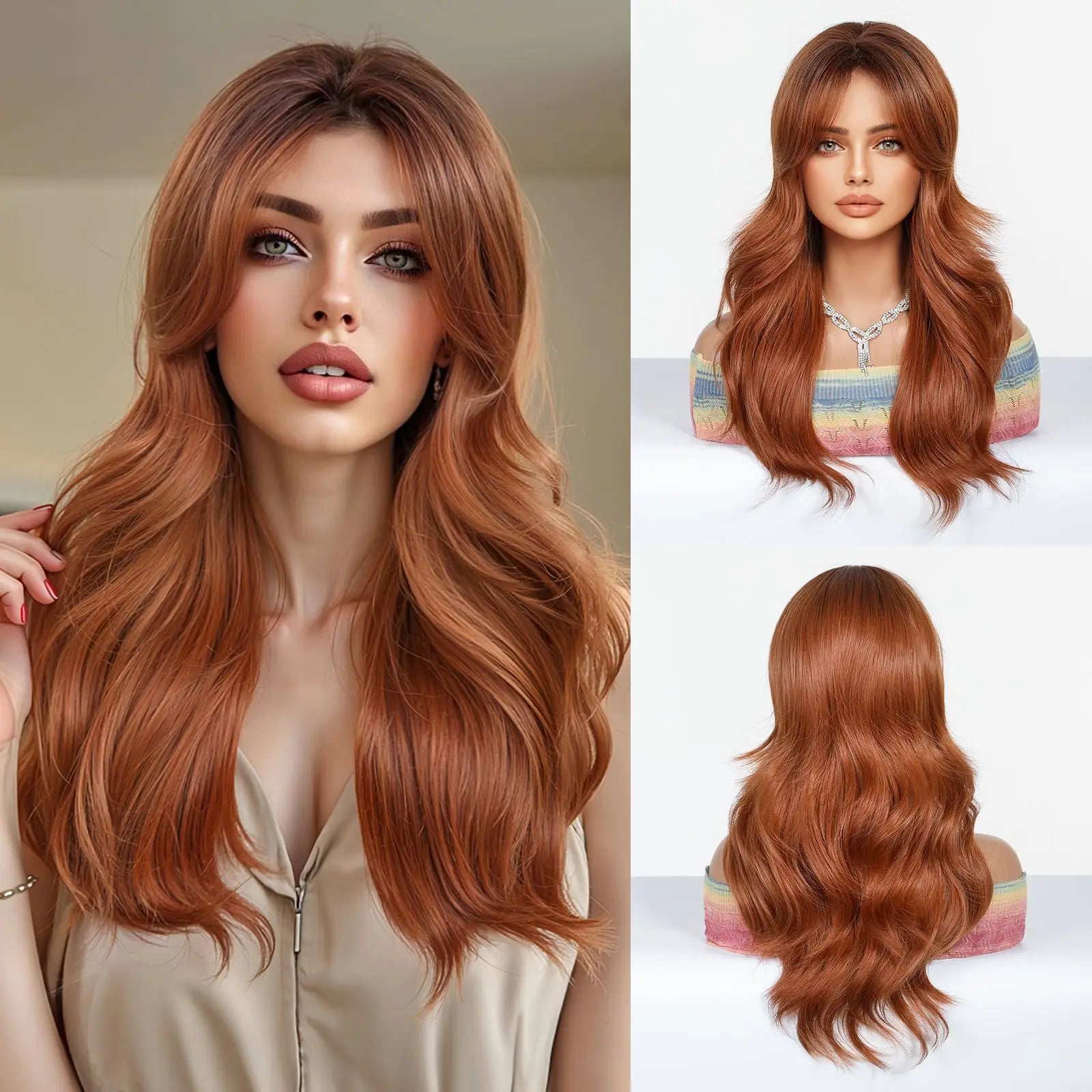 EASIHAIR Long Wavy Synthetic Wigs For Women Brown Blonde Highlight Wavy Wigs With Side Bangs Natural Wave Hair Daily Cosplay Wig