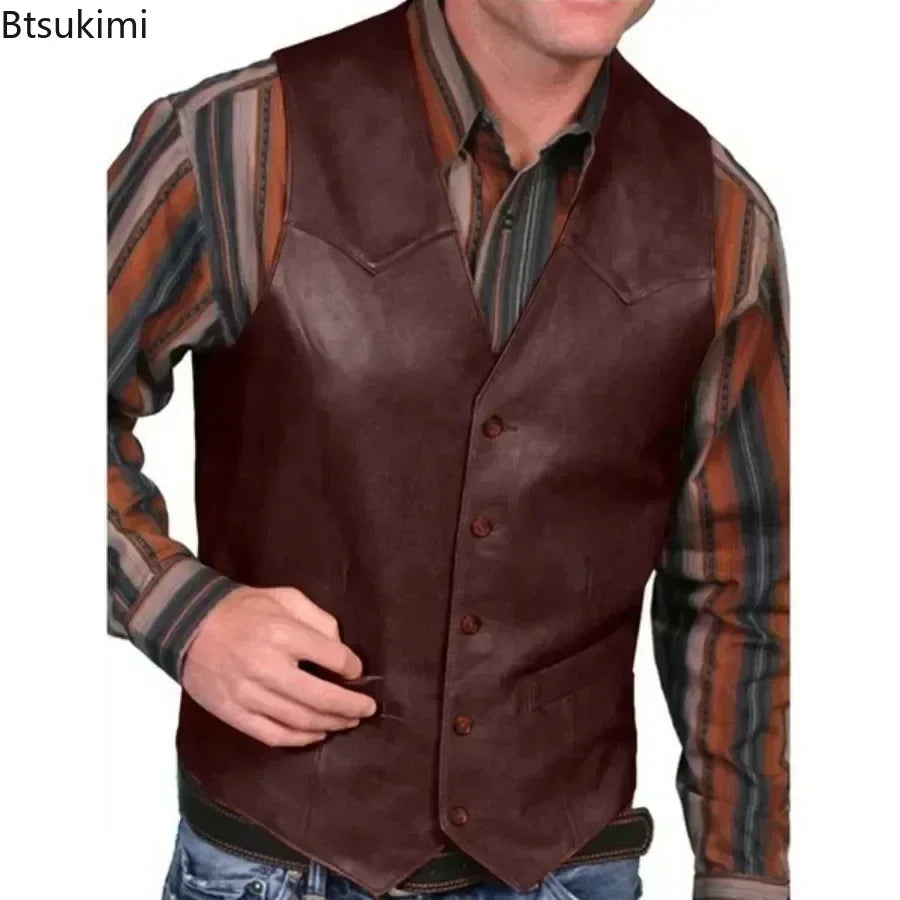 New2026 Men's Casual Leather Vests Punk Style V-Neck Party Stage Performance Costume Business Waistcoat Sleeveless Vest Men Tops