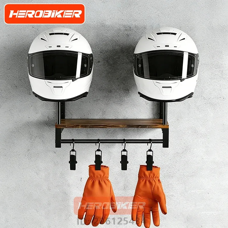 Motorcycle Helmet Wall Mount Wooden Shelf With Adjustable Hooks Sturdy Durable Storage For Motocross Bicycle Accessories
