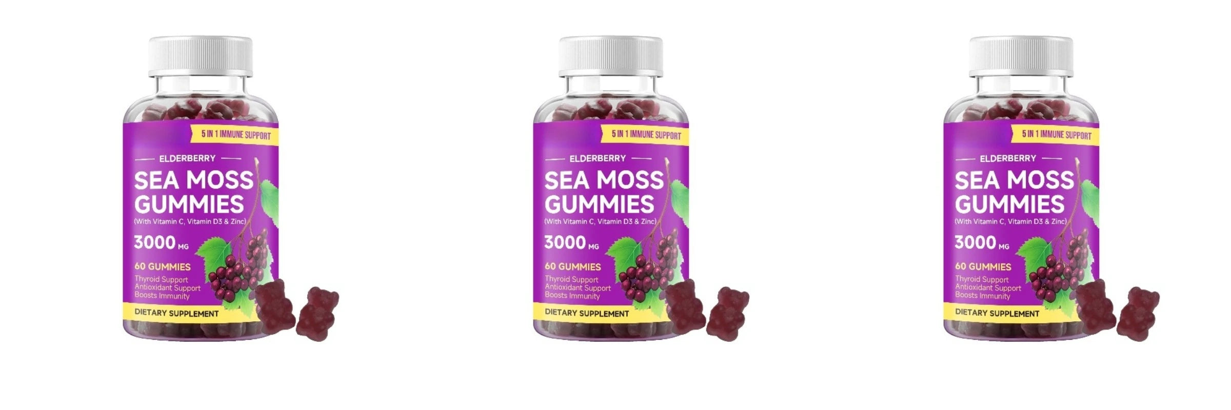 Elderberry Sea Moss Gummies with Vitamin C & D3 Zinc 60 Vegan Gummies Daily Wellness Supplement for Adults Hair Skin Nails Care