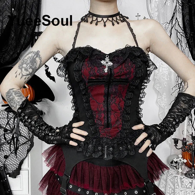 Gothic Crop Tops Black Lace Mesh Tanks Tops 2026 New Y2K Goth Punk Grunge Fairy Core Sexy Y2K Halloween 2000s Women Clothing
