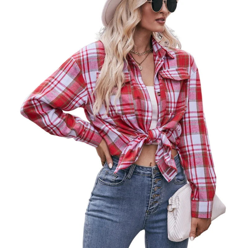 Women Plaid Long Sleeve Shirt Lapel Button Down Oversized Blouse Casual Loose Tunic Top Classic Checkered Pattern Casual Daily