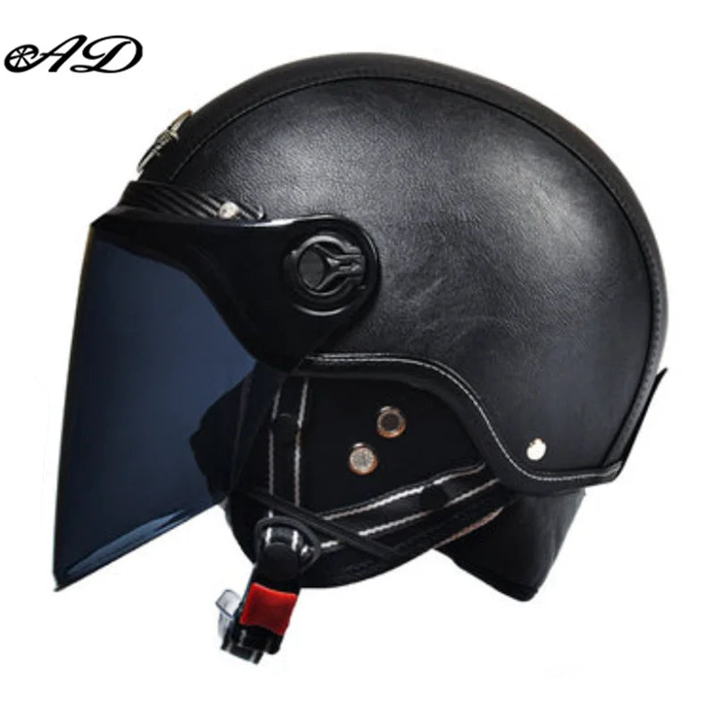 AD Retro Motorcycle Helmets with Harley Visor Leather Helmet for Man Electric Motorbike Vintage Protected Motor Safety Cap