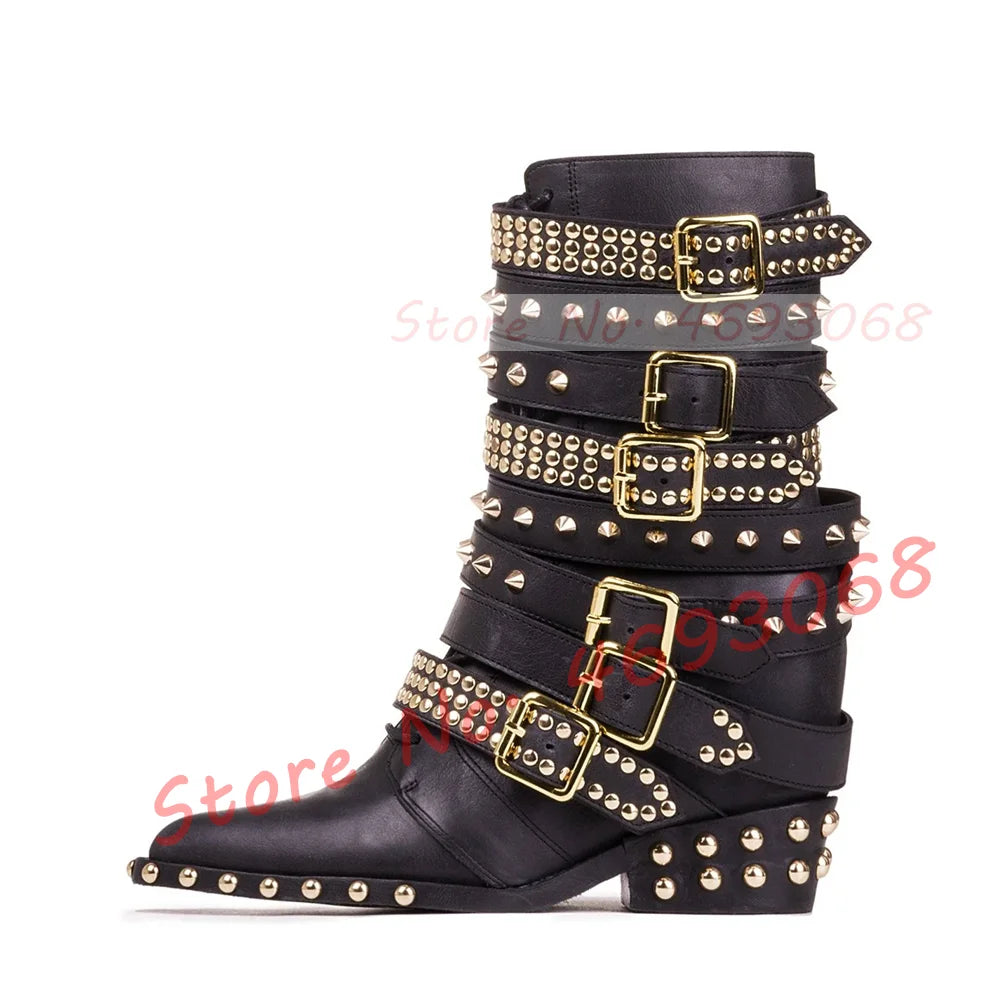 Gothic Pointy Toe Buckle Strappy Ankle Boots Women Studs Spike Rivets Strap Punk Boots Chic Female Side Zipper Low Heels Shoes