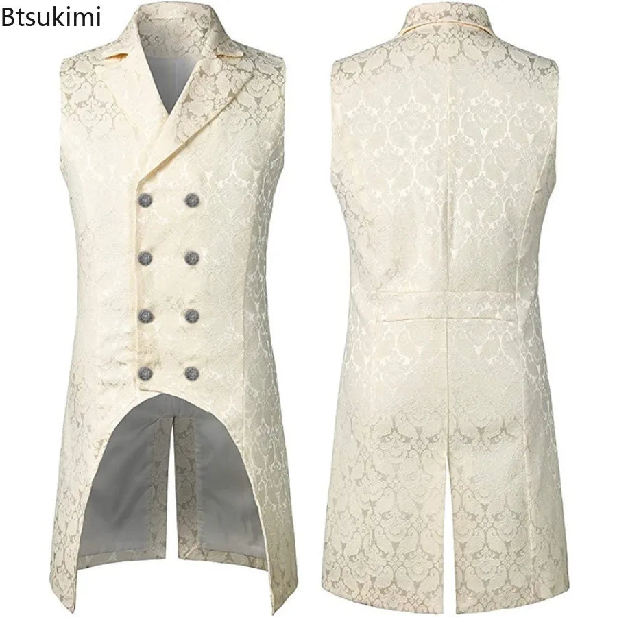 Medieval Men's Gothic Jackets Vintage Jacquard Waistcoats Steampunk Cosplay Costumes Double Breasted Slim Tuxedo Vests Tops Male