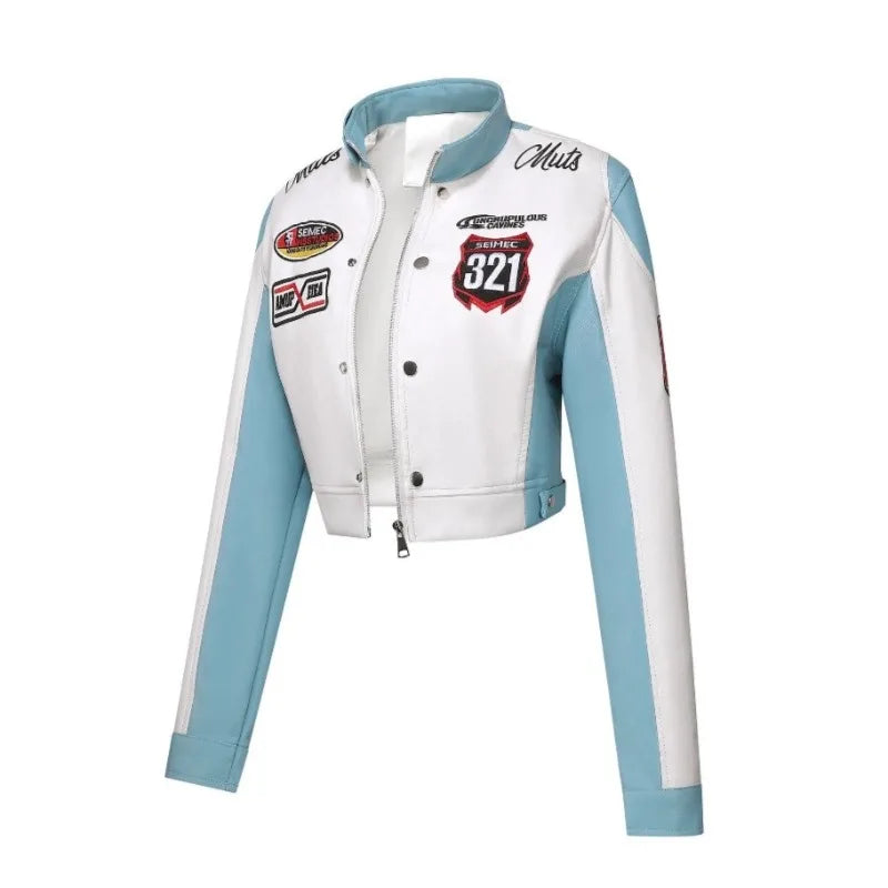 High Quality Soft Embroidery Biker Jacket for Women Cool Short PU Leather Jackets Streetwear Bomber Coats Racing Women Clothing