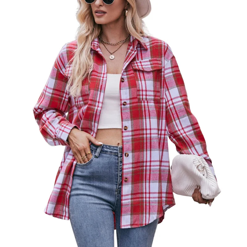 Women Plaid Long Sleeve Shirt Lapel Button Down Oversized Blouse Casual Loose Tunic Top Classic Checkered Pattern Casual Daily