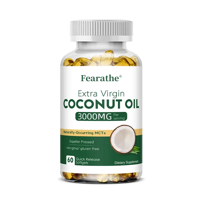 Extra Virgin Coconut Oil, 3000mg, 30/60/120 Softgels, Expeller Pressed Supplement Support for Hair, Nails & Skin Health, Non-GMO