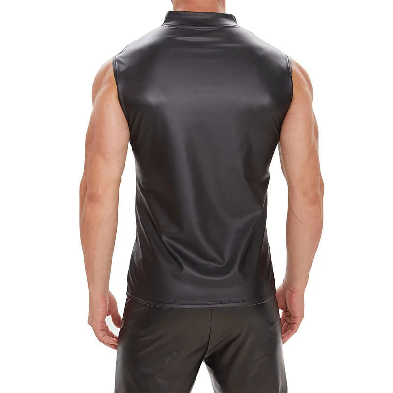 Men Punk Style Matte Black Patent Leather Shirt Summer Sleeveless Zipper Cardigan Blouse Male Slim Fit Stretch Tops Casual Vest