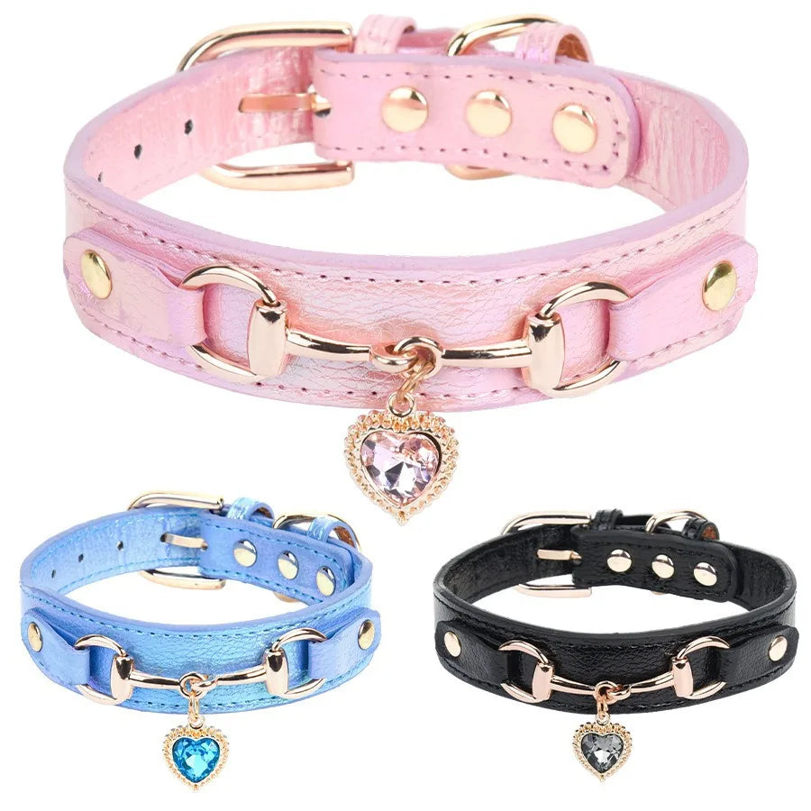 New Dog Collar Love Water Diamond PU Collar Metal Accessories Cat Neck Ring Fashion Design Cat Necklace