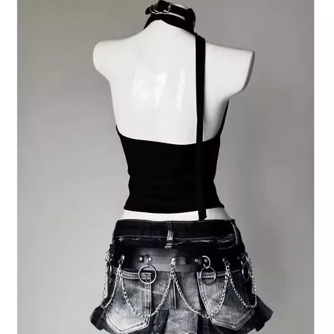 Punk Vintage Y2K Subculture Halter Vest Gothic Skulls Print Tanks New Women's Halter Top Harajuku Sexy Slim Tops Women Clothing