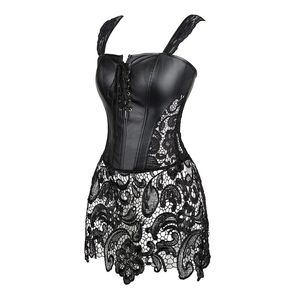 Women Steampunk Corset Dress Gothic Sexy Faux Leather Zipper Bustier Lace Skirt  Korsett Corsets Top