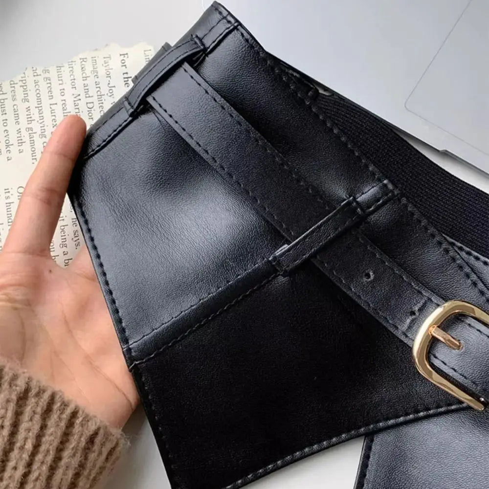 Punk Adjustable Elastic Cummerbunds Black Solid Color Wide Belt PU Leather Waistband Waist Corset Girl