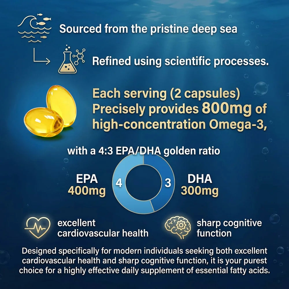 Omega 3 Fish Oil 1250mg Softgels - 400mg EPA 300mg DHA, High Potency Brain Heart Joint Health, Wild Caught, 60/120 Counts