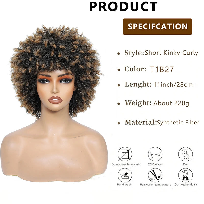 Short Kinky Curly Hair Wig for Black Women 12 Inch Afro High Puffy Curly Wigs With Bangs Synthetic Afro Kinky Curly Wig Cosplay