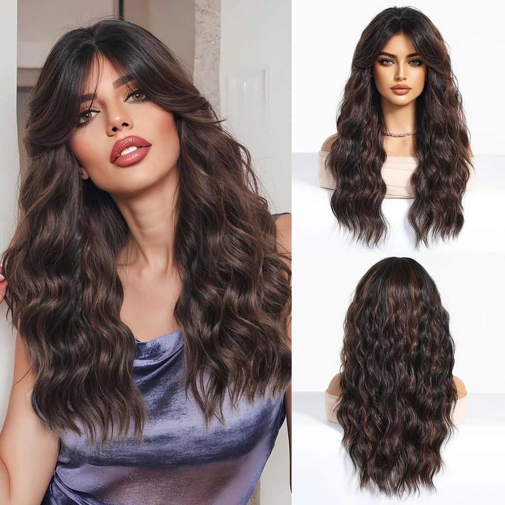 EASIHAIR Long Wavy Synthetic Wigs For Women Brown Blonde Highlight Wavy Wigs With Side Bangs Natural Wave Hair Daily Cosplay Wig