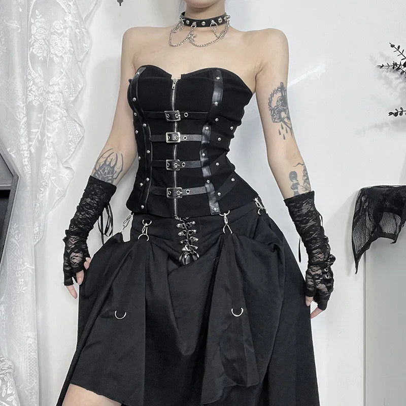 Goth Sexy Punk Leather Corset Crop Tops Camis Y2K Harajuku Aesthetic Black  Basic Tank Top Summer Women Grunge Emo Streetwear