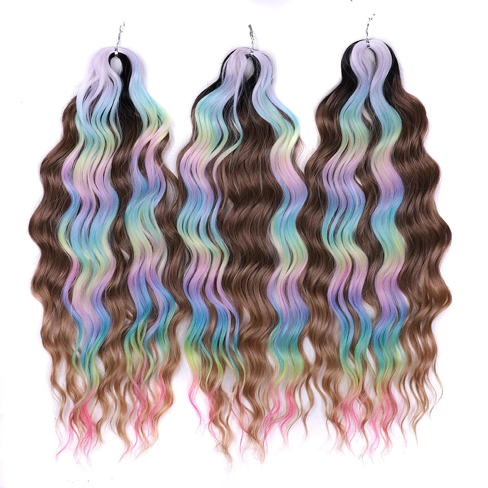 Noble 24 Inch Synthetic Hair Water Wave Braiding Hair Extensions Ombre Rainbow color Deep Wave Curl Twist Crochet Hair Extension
