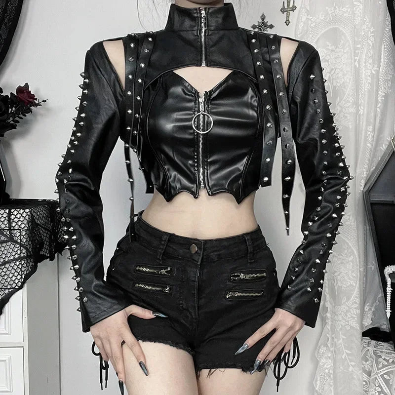 Punk Faux Leather Cropped Jacket Women Spring 2024 Streetwear Sexy Slim Fit Rivet PU Blouse Top