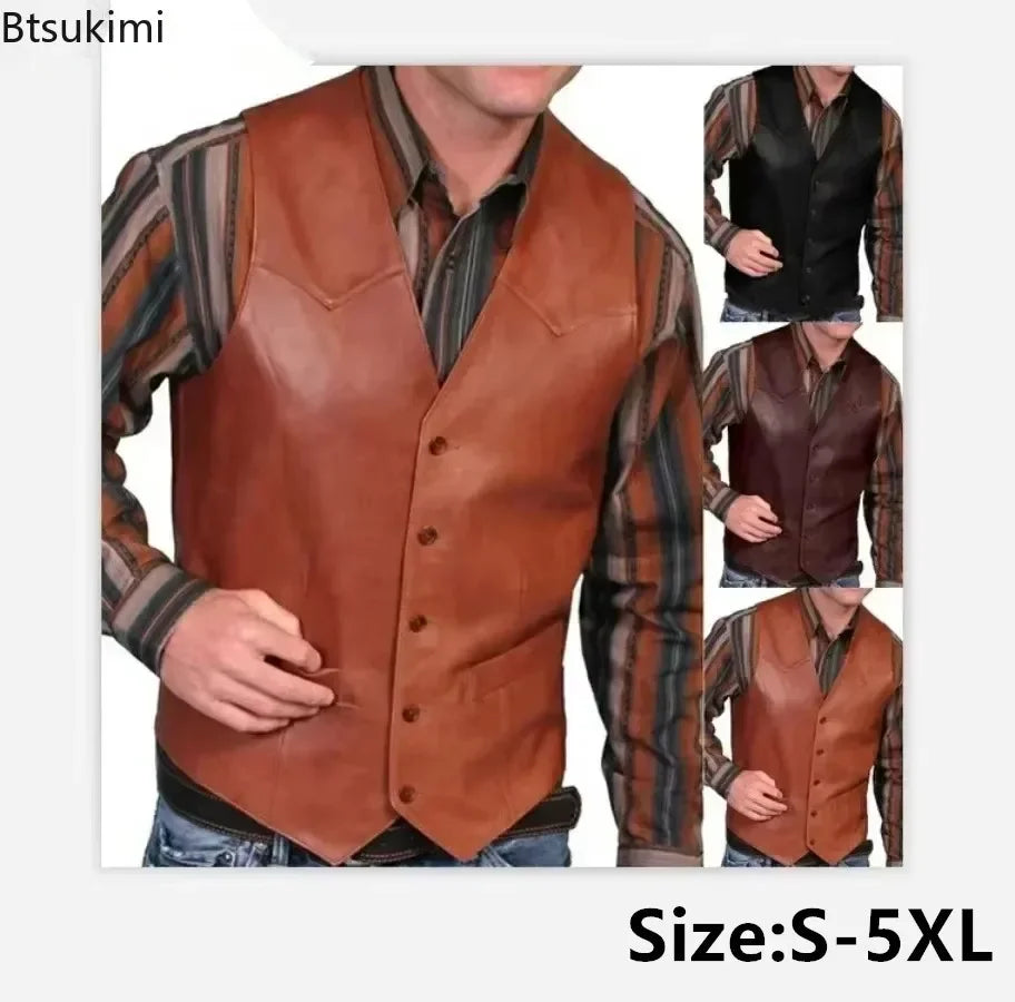 New2026 Men's Casual Leather Vests Punk Style V-Neck Party Stage Performance Costume Business Waistcoat Sleeveless Vest Men Tops