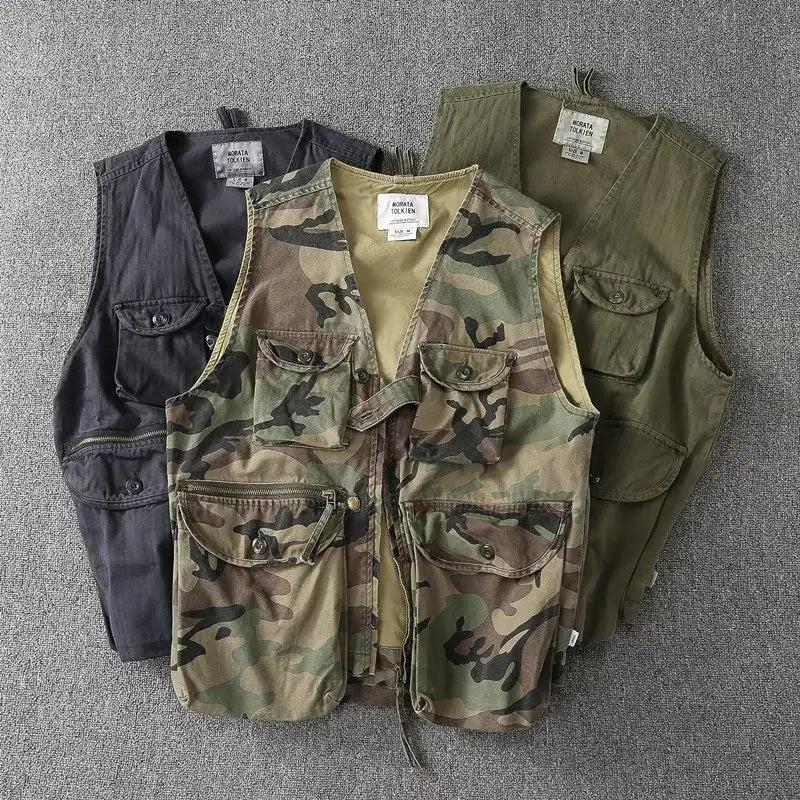 American Style Tactical Vest Men's Camouflage Outdoor Canvas Workwear Jacket Loose Fit V-Neck Single Button Closure Cotton