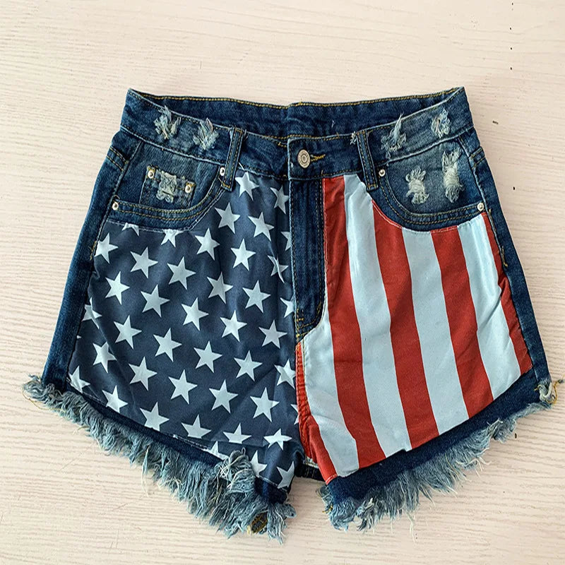 American Flag Fringed Star Printed High Waist Denim Shorts for Women