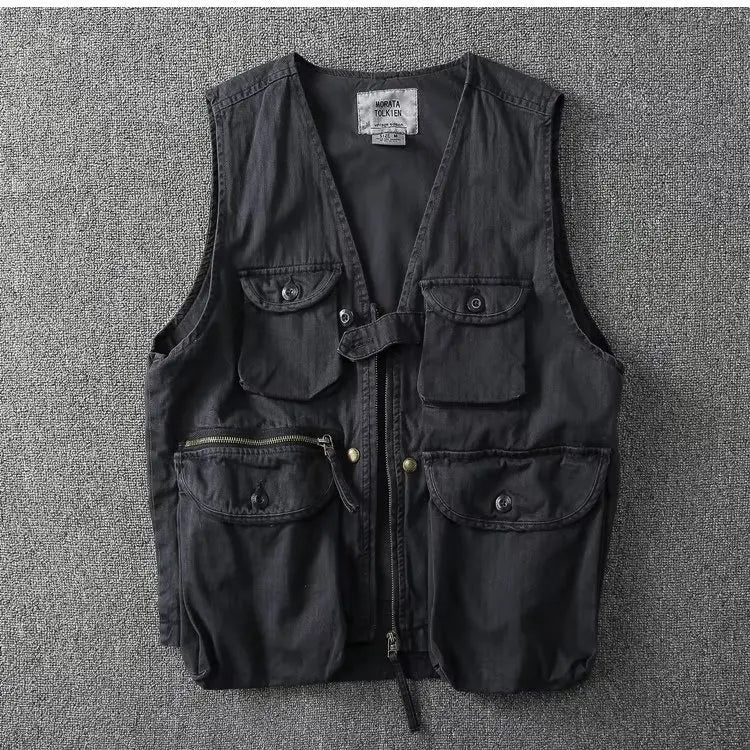 American Style Tactical Vest Men's Camouflage Outdoor Canvas Workwear Jacket Loose Fit V-Neck Single Button Closure Cotton