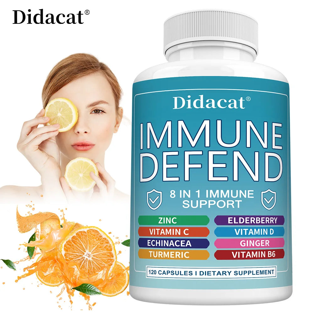 Advanced Immune Support, 8-in-1 Supplement, with Vitamin C, D, B6, Zinc, Elderberry, Turmeric, Ginger & Echinacea, Antioxidants