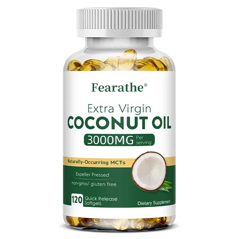 Extra Virgin Coconut Oil, 3000mg, 30/60/120 Softgels, Expeller Pressed Supplement Support for Hair, Nails & Skin Health, Non-GMO