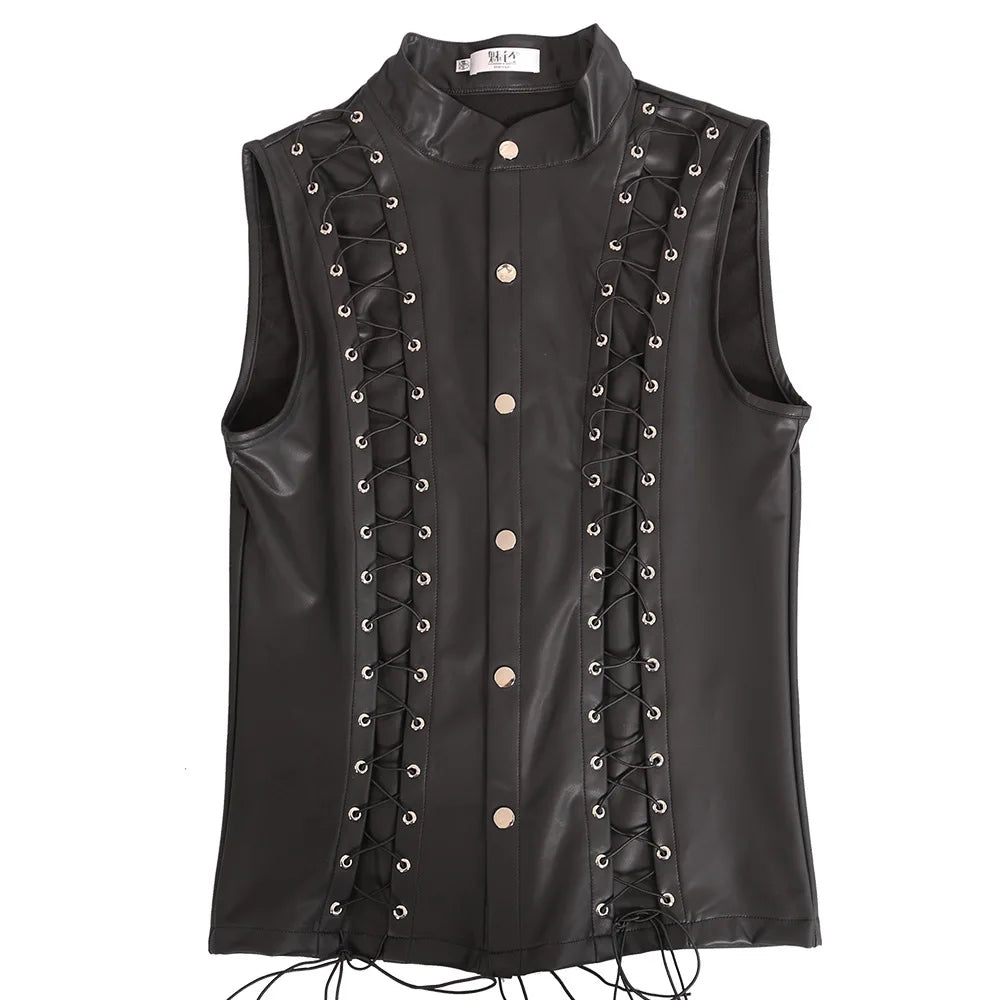 Men's Punk Style Leather Vests With Bandage Fashion Club Stage Wear Waistcoat Skinny PU Sleeveless Jacket For Male Size M-4XL