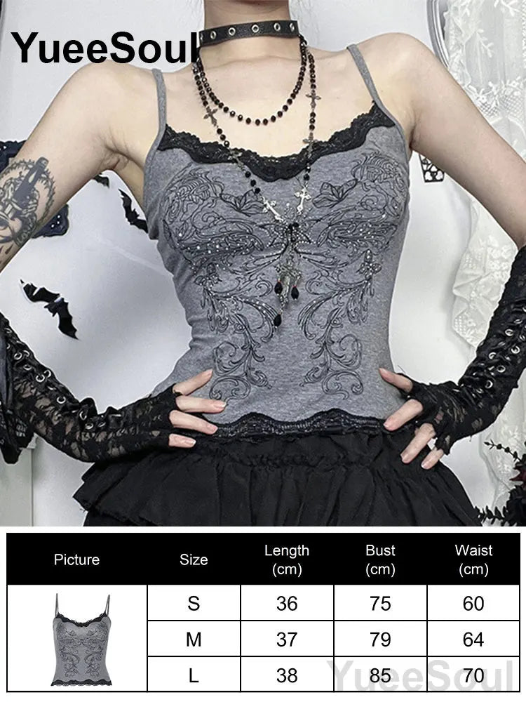 Gothic Crop Tops Black Lace Mesh Tanks Tops 2026 New Y2K Goth Punk Grunge Fairy Core Sexy Y2K Halloween 2000s Women Clothing