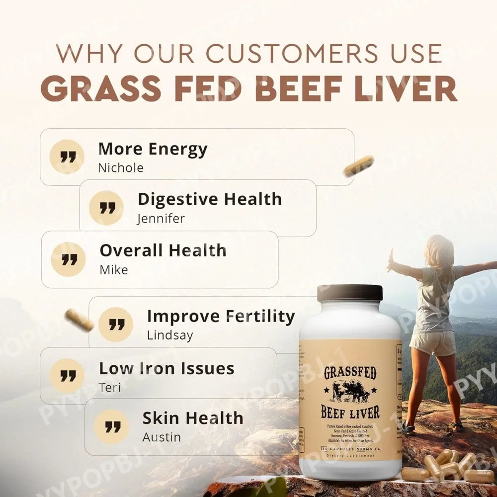 Grassfed Beef Liver Capsules 500mg Each, Pasture Raised Bovine Liver Supplement, Non GMO, 180 Capsules