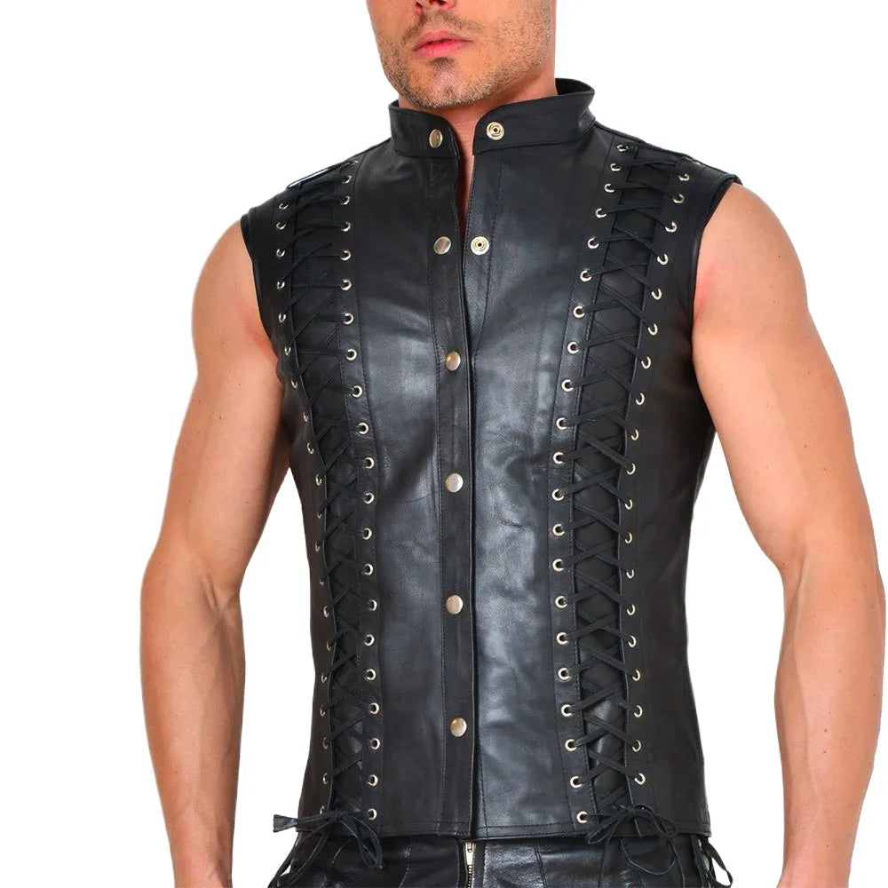 Men's Punk Style Leather Vests With Bandage Fashion Club Stage Wear Waistcoat Skinny PU Sleeveless Jacket For Male Size M-4XL