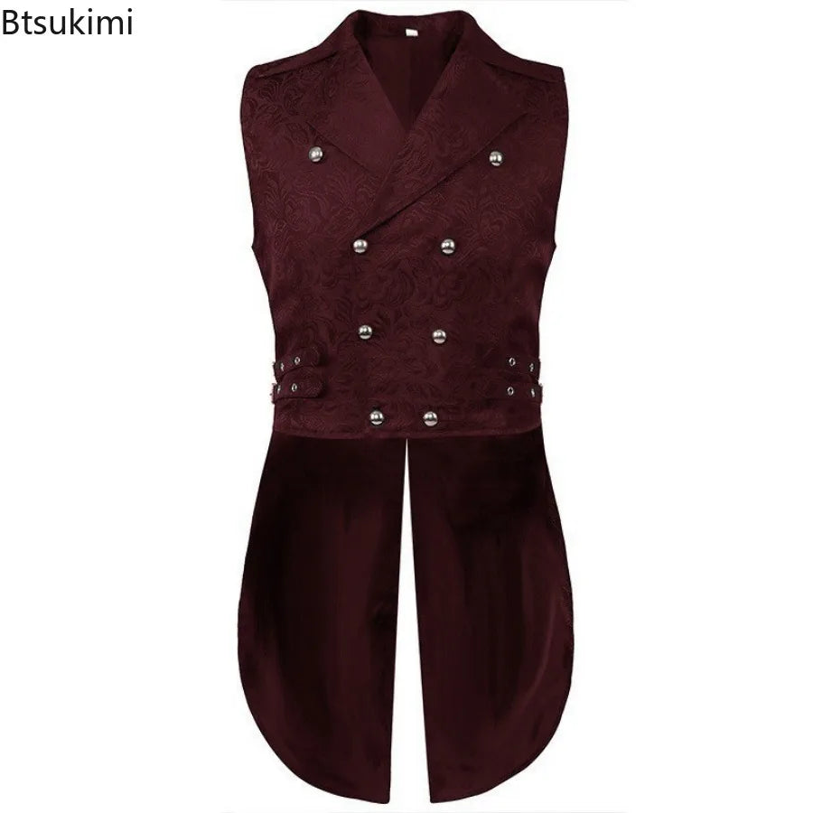 Medieval Men's Gothic Jackets Vintage Jacquard Waistcoats Steampunk Cosplay Costumes Double Breasted Slim Tuxedo Vests Tops Male