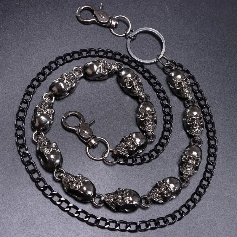 Gothic Punk Curb Chain with Skull Pendants Heavy Duty Black Waist Chain for Men Women Hip Hop Y2K Keychain Belts Accessory