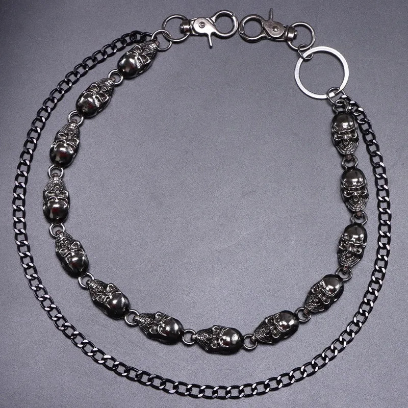 Gothic Punk Curb Chain with Skull Pendants Heavy Duty Black Waist Chain for Men Women Hip Hop Y2K Keychain Belts Accessory