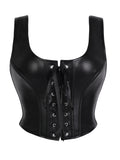 Punk style genuine leather blazer with wide shoulder straps and front ties for waist cinching and shaping. Short, tight corset.