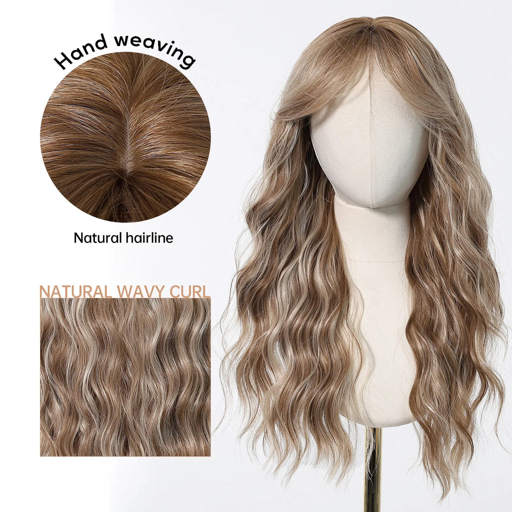 EASIHAIR Long Wavy Synthetic Wigs For Women Brown Blonde Highlight Wavy Wigs With Side Bangs Natural Wave Hair Daily Cosplay Wig