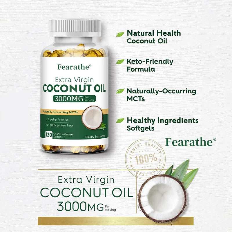 Extra Virgin Coconut Oil, 3000mg, 30/60/120 Softgels, Expeller Pressed Supplement Support for Hair, Nails & Skin Health, Non-GMO