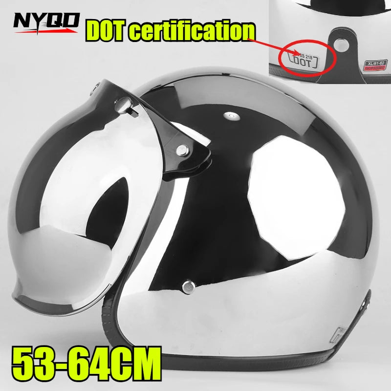 Vintage Silver Chrome Motorcycle Helmet Jet Capacetes De Motociclista for Cafe Racer Mirror CE DOT Approved casco moto