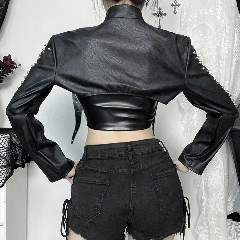 Punk Faux Leather Cropped Jacket Women Spring 2024 Streetwear Sexy Slim Fit Rivet PU Blouse Top